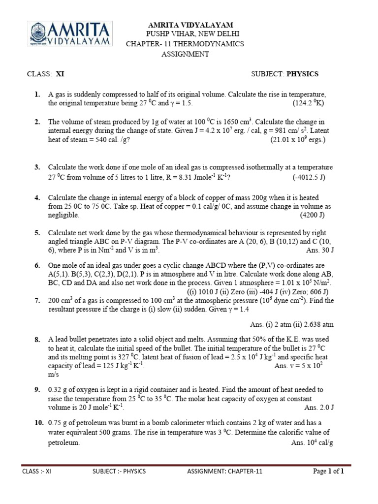 Thermodynamics Assignment for Class XI | PDF | Heat | Scientific Phenomena