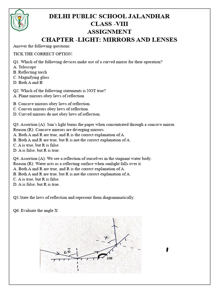 Class 8 Assignment on Light: Mirrors & Lenses | PDF | Mirror ...
