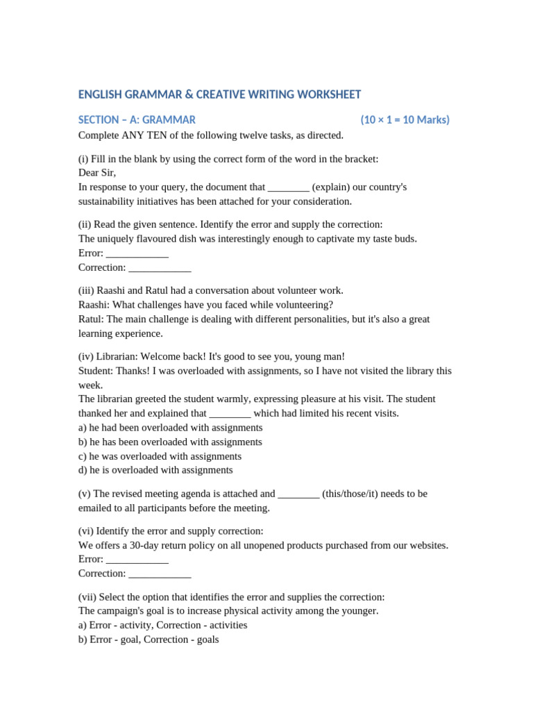 English Grammar & Writing Worksheet | PDF