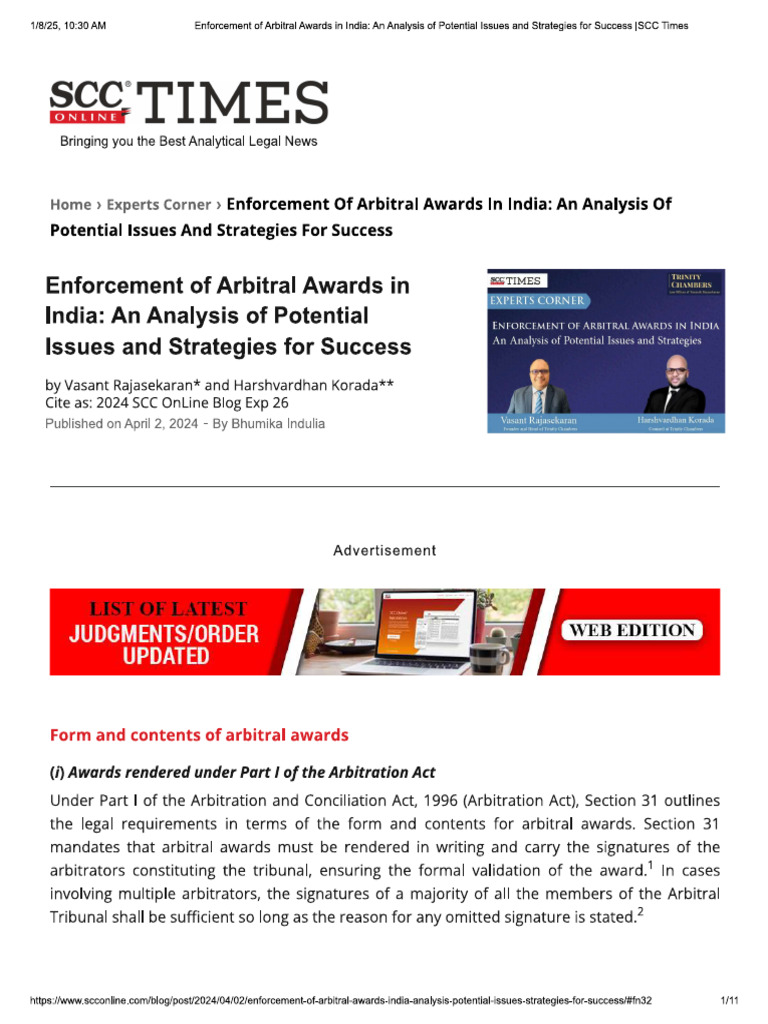 Enforcement of Arbitral Awards in India (W Detailed Sections) | PDF