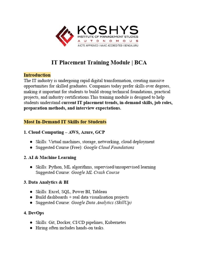 IT Placement Training Module (BCA) | PDF | Cloud Computing | Machine ...