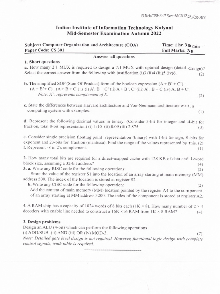 CS - 301 - Computer Organization and Architecture (COA) Mid-Semester ...