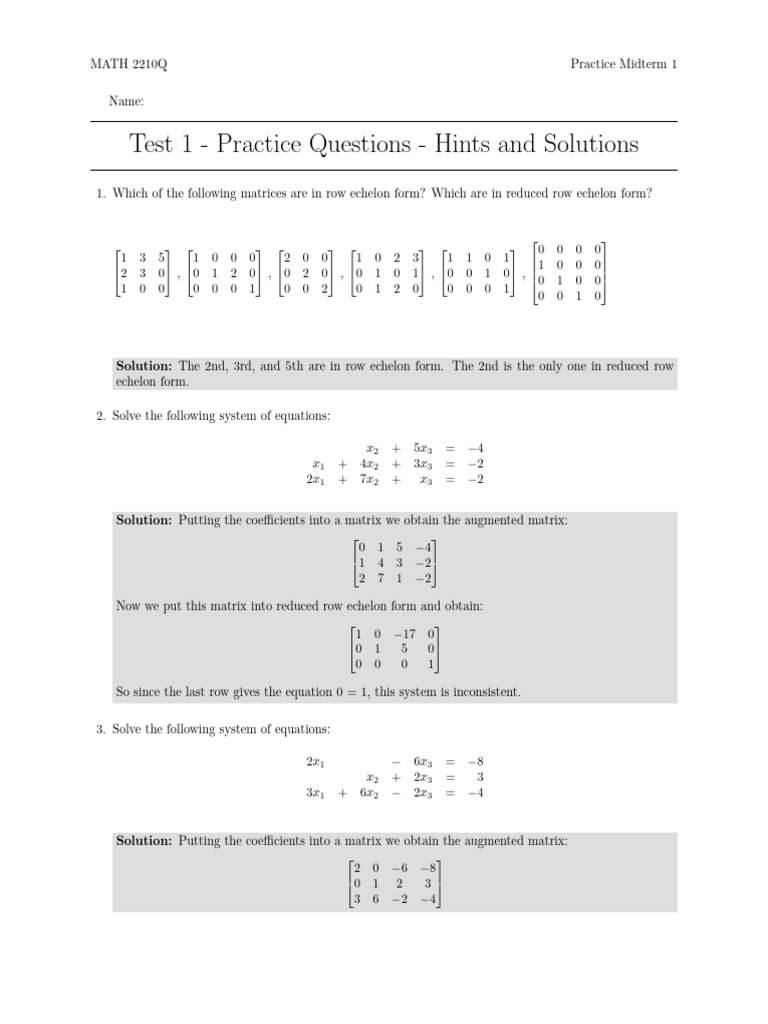 MATH 2210Q Practice Midterm Solutions | PDF | Matrix (Mathematics ...