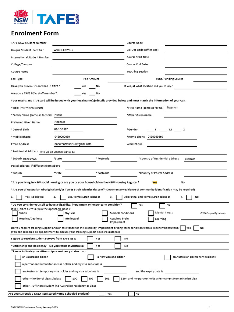TAFE NSW Student Enrolment Form | PDF | Payments | Apprenticeship