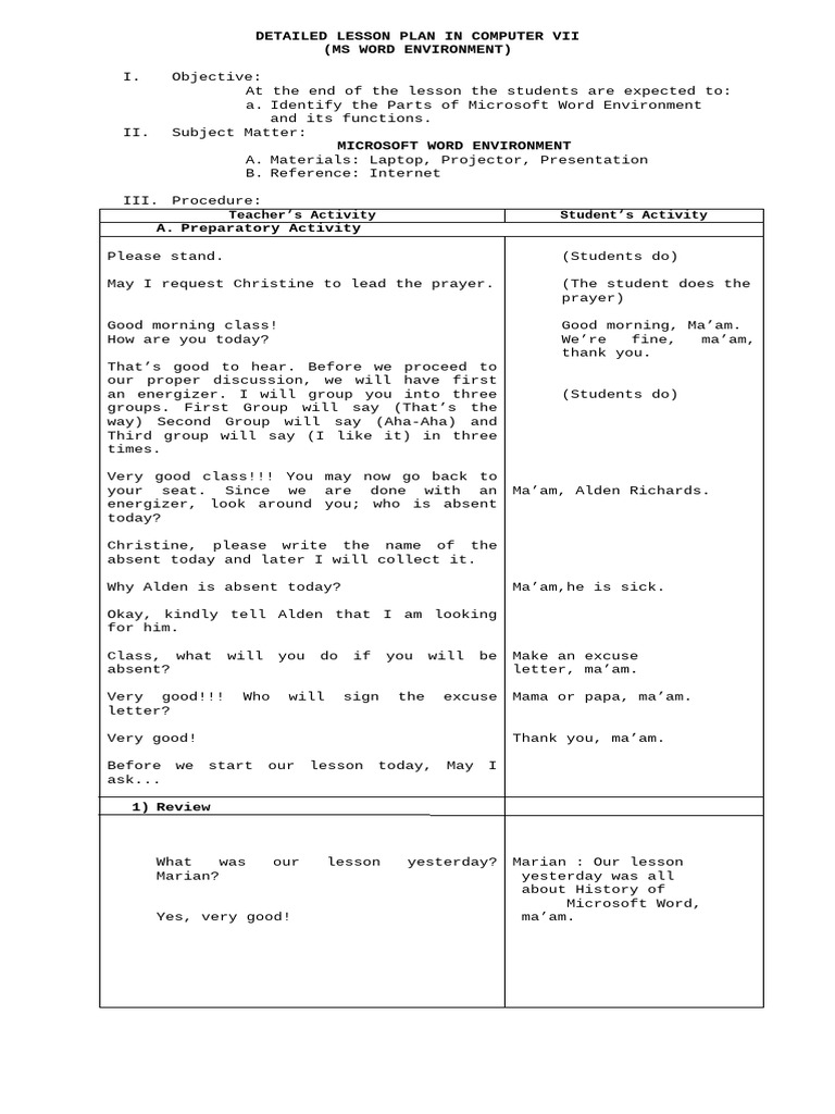 Microsoft Word Environment Lesson Plan | PDF