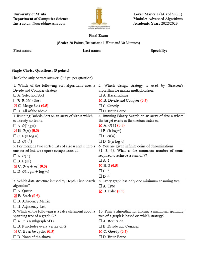 Master Exam on Advanced Algorithms | PDF | Time Complexity | Combinatorics