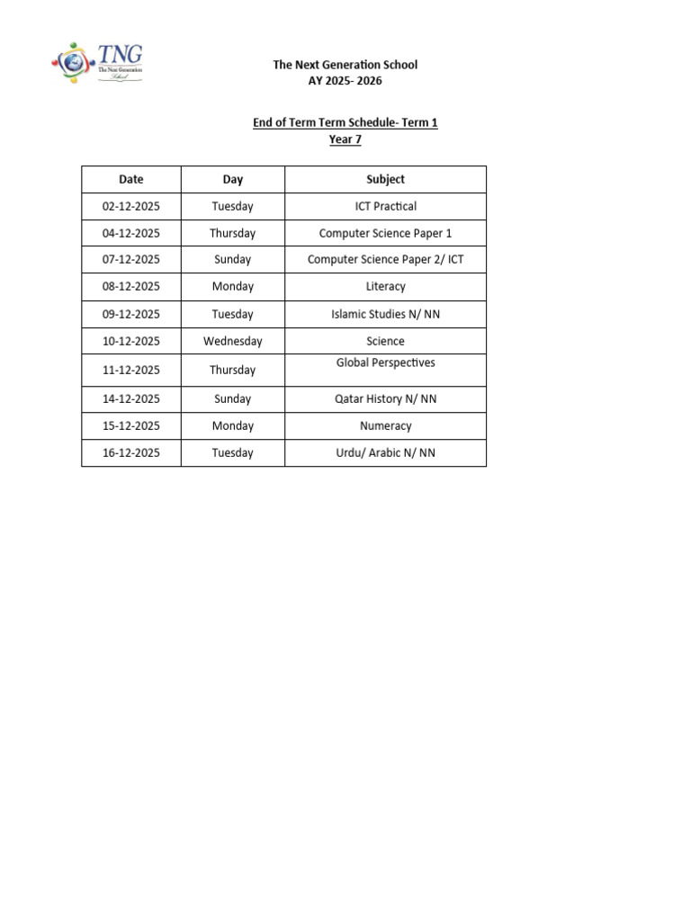 Year 7 Term 1 Exam Schedule 2025-2026 | PDF | System | Multiplication