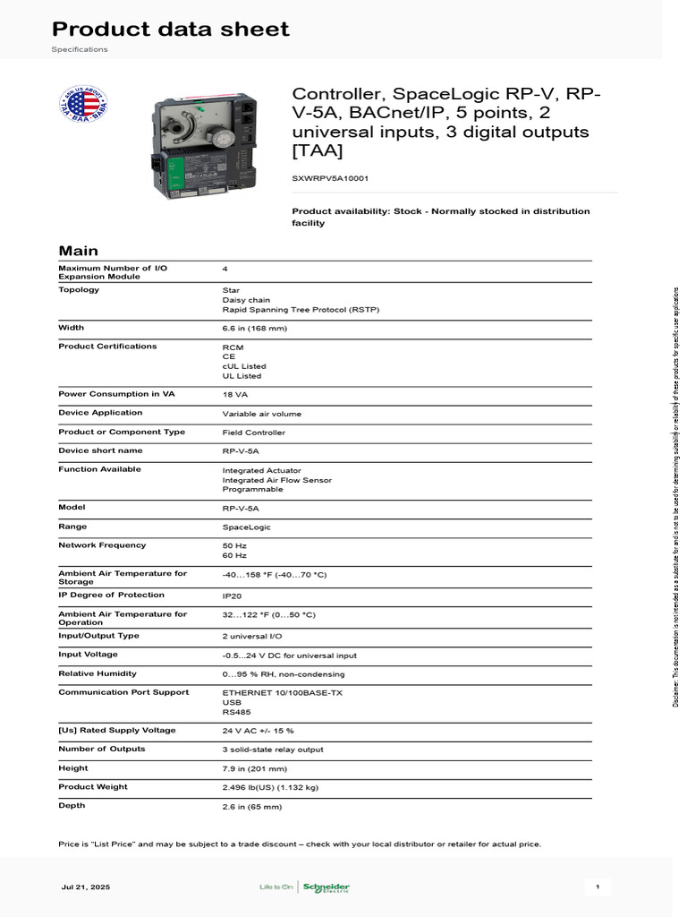 SpaceLogic RP-V-5A Controller Specs | PDF | Electrical Engineering ...