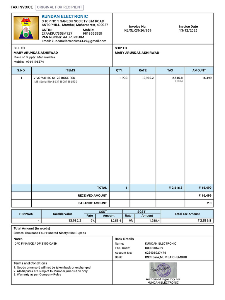 Kundan Electronic Tax Invoice for VIVO Y31 | PDF | Payments | Taxes