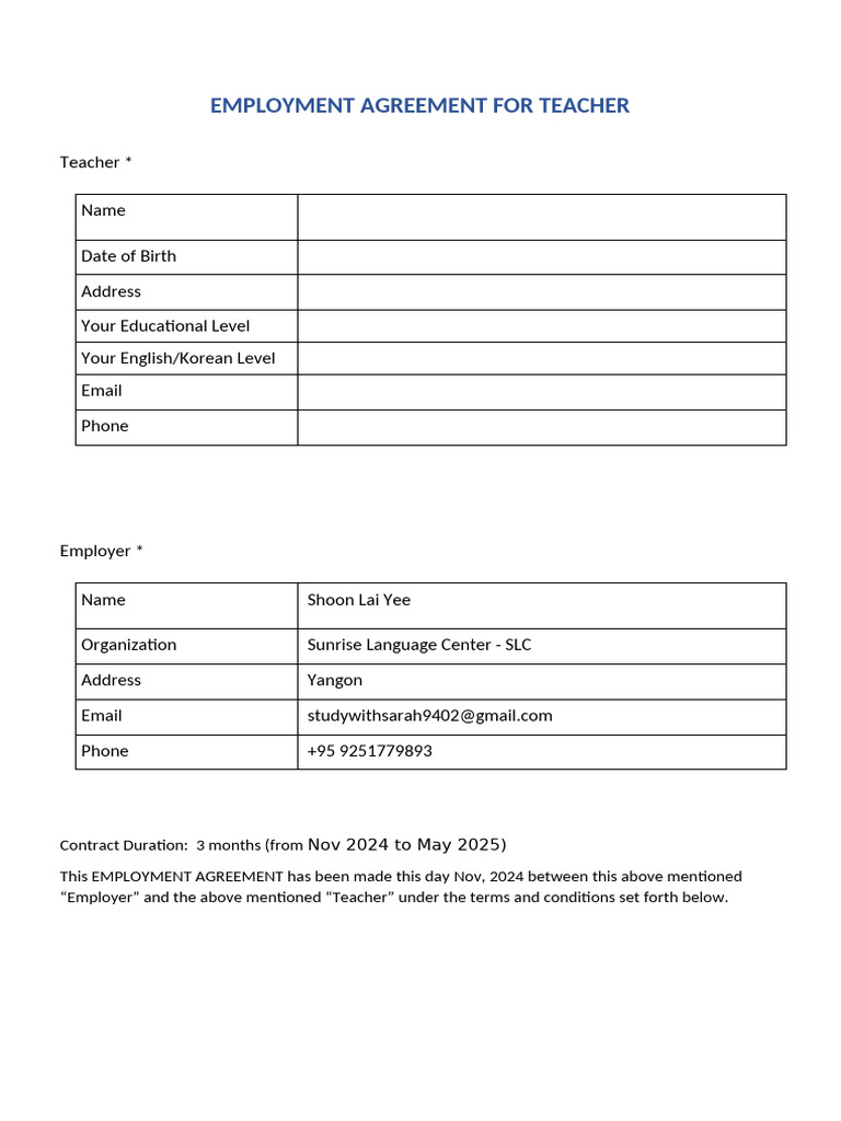 Teacher Contract Form | PDF