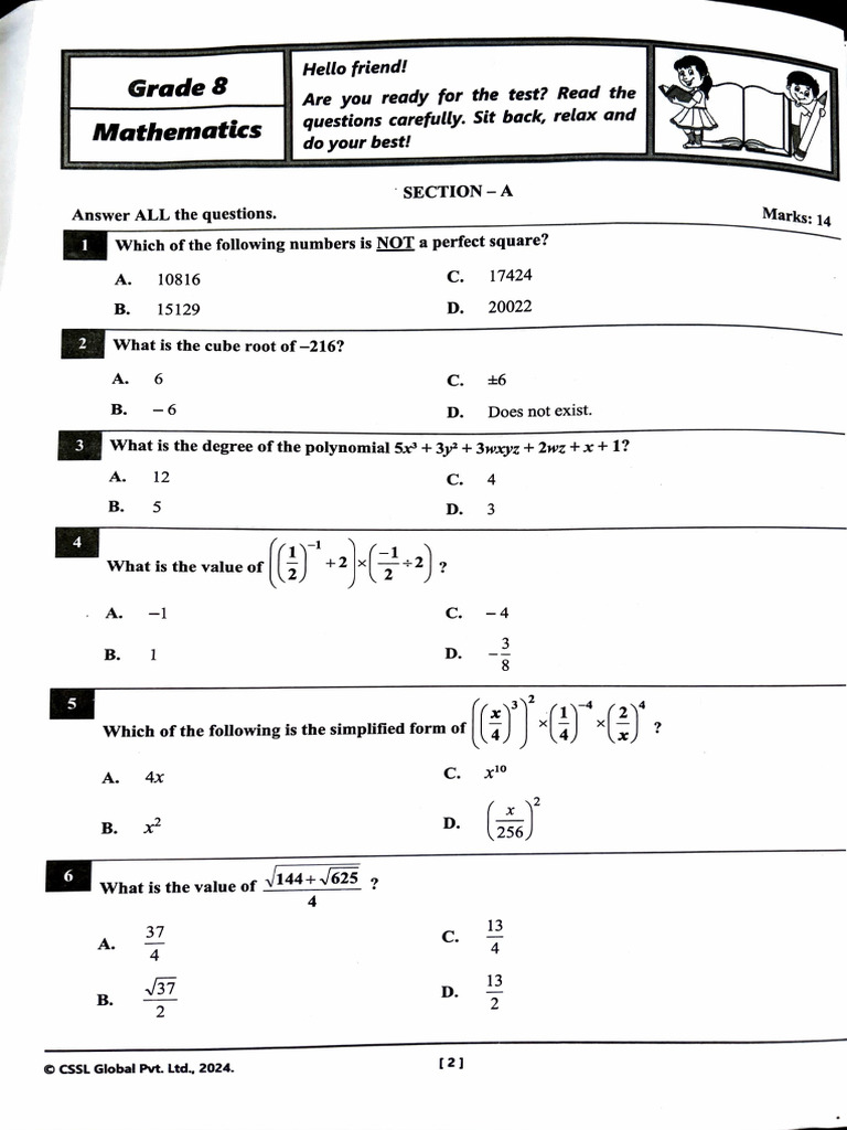 1.) C8 Math CSSL Mid Term 1 Paper 2024-25 | PDF | Arithmetic | Discrete ...
