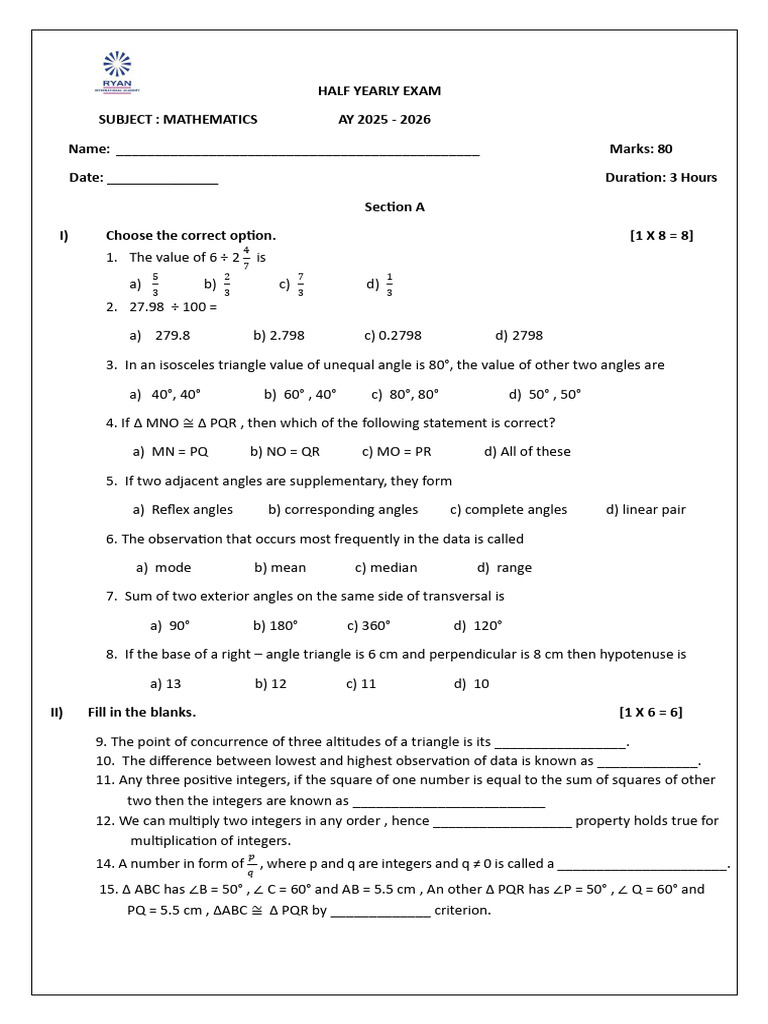 Half-Yearly Mathematics Exam 2025-26 | PDF | Elementary Geometry ...