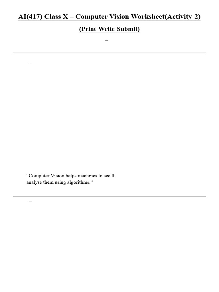Computer Vision Worksheet for Class X | PDF | Pixel | Computer Vision