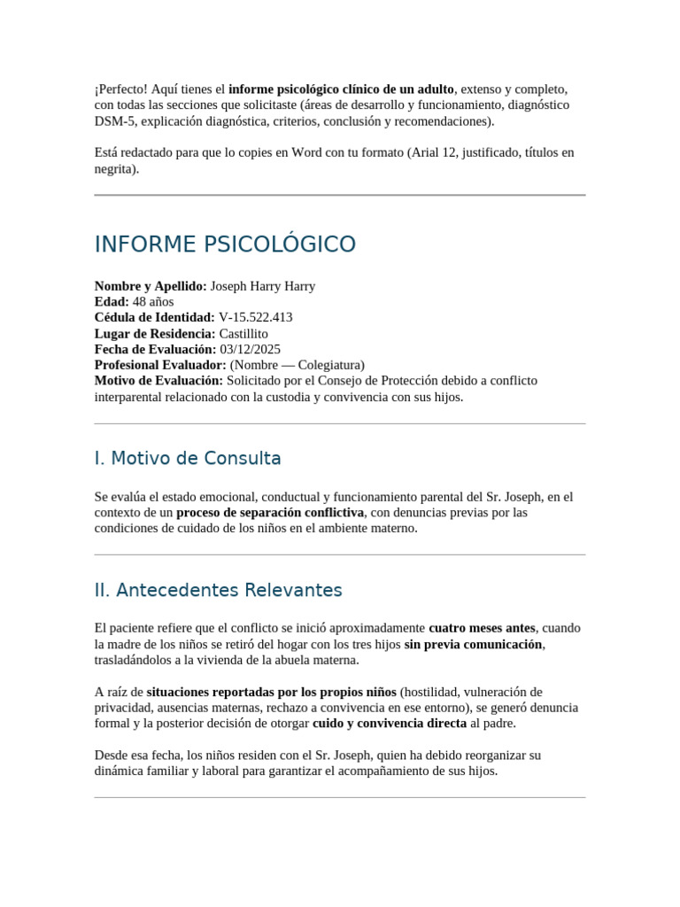 Informe Psicológico de Joseph Harry | PDF | Las emociones | Depresión ...