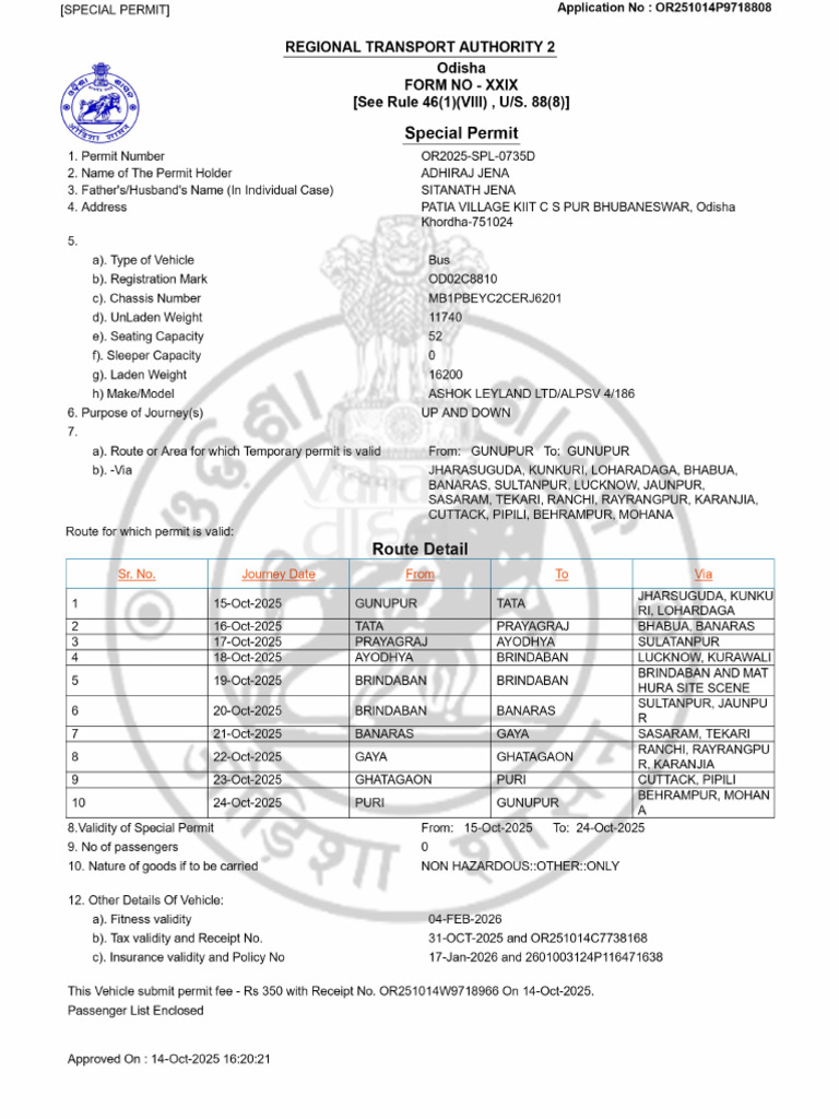 Odisha Special Permit for Bus Travel | PDF