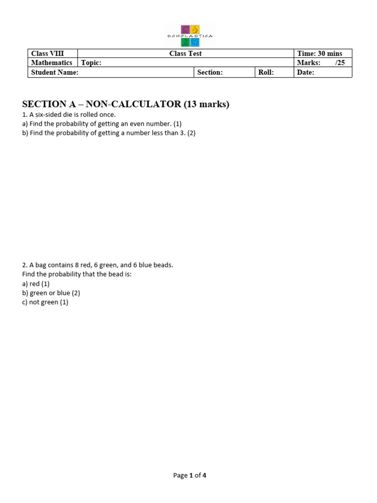 Class VIII Math Test: Probability Concepts | PDF
