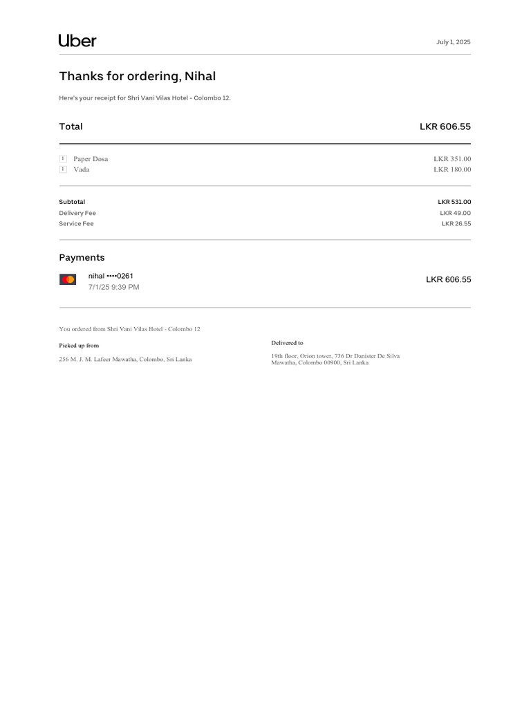 Receipt for Shri Vani Vilas Hotel Order | PDF