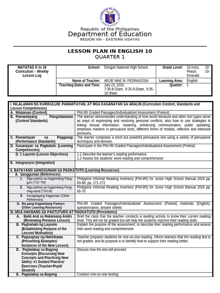 English 10 Lesson Plan: Quarter 1 | PDF | Reading Comprehension | Learning