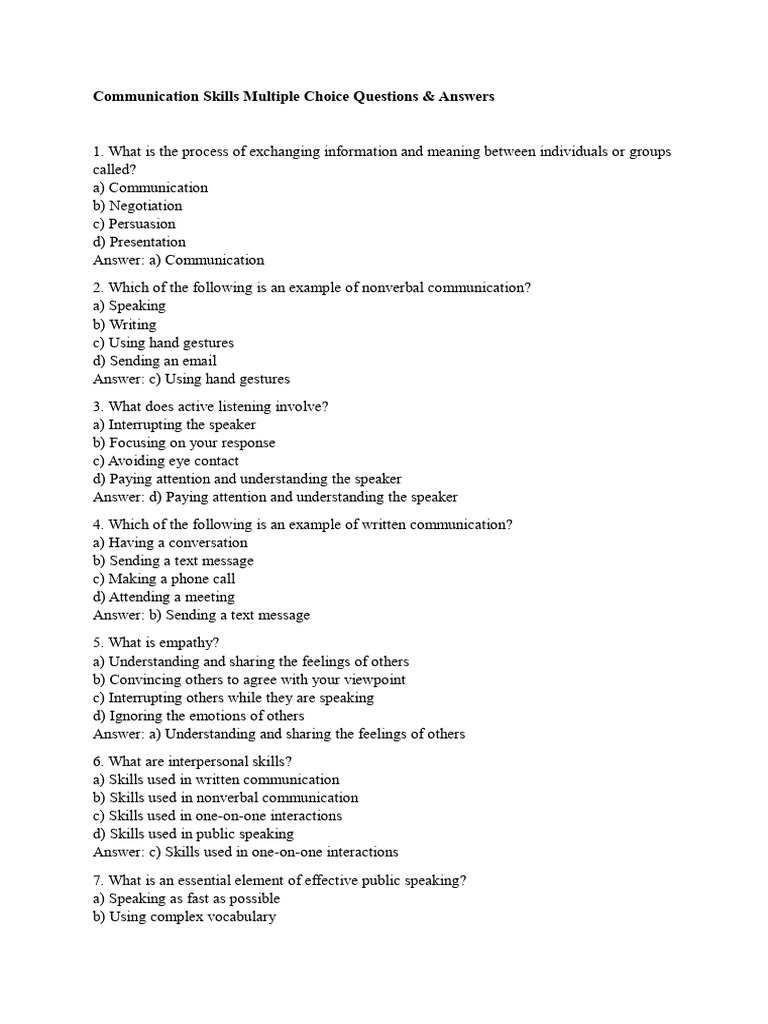 Communication Skills Quiz: MCQs & Answers | PDF | Communication ...
