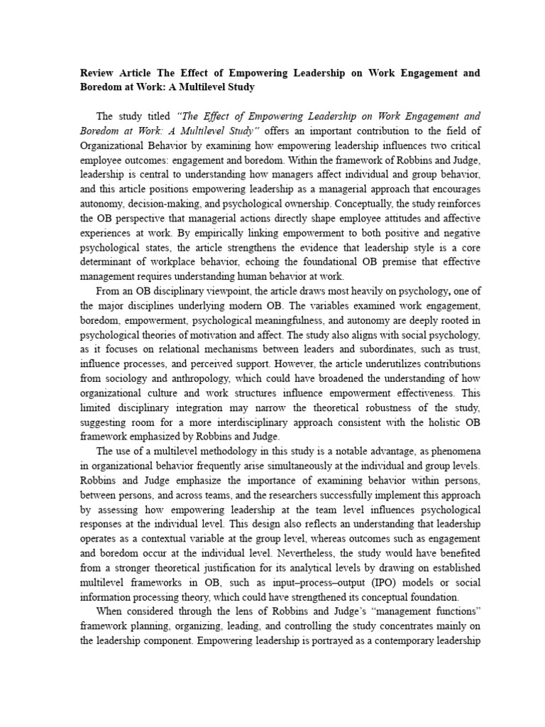 The Effect of Empowering Leadership on Work Engagement and Boredom at ...