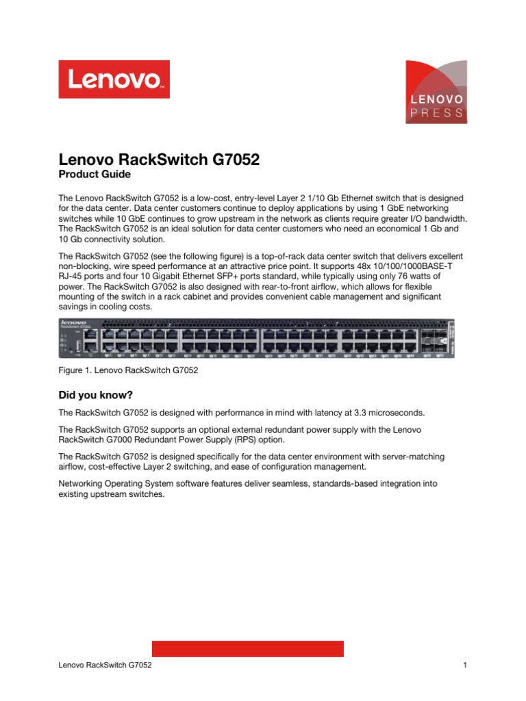 Lenovo RackSwitch G7052 Overview | PDF | Network Switch | Computer Network