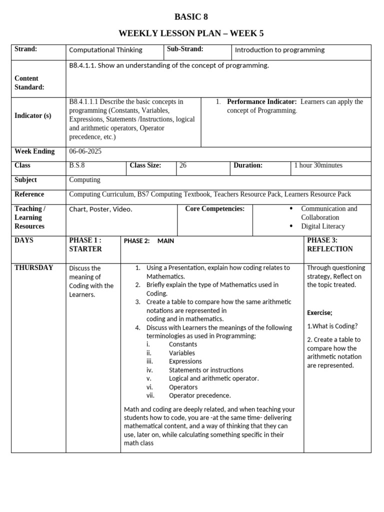 Week 5 Programming Lesson Plan | PDF | Integer (Computer Science ...
