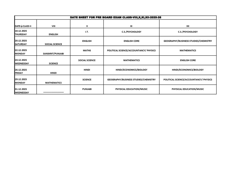 Pre Board Exam Date Sheet 2025-26 | PDF