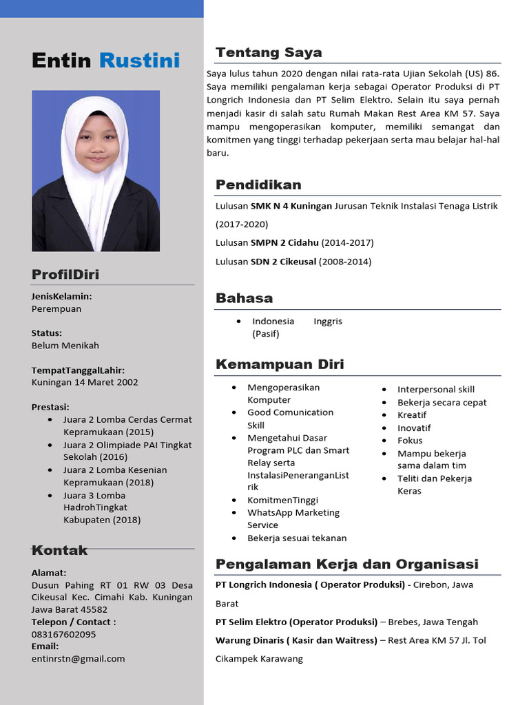 Profil dan Prestasi Entin Rustini | PDF