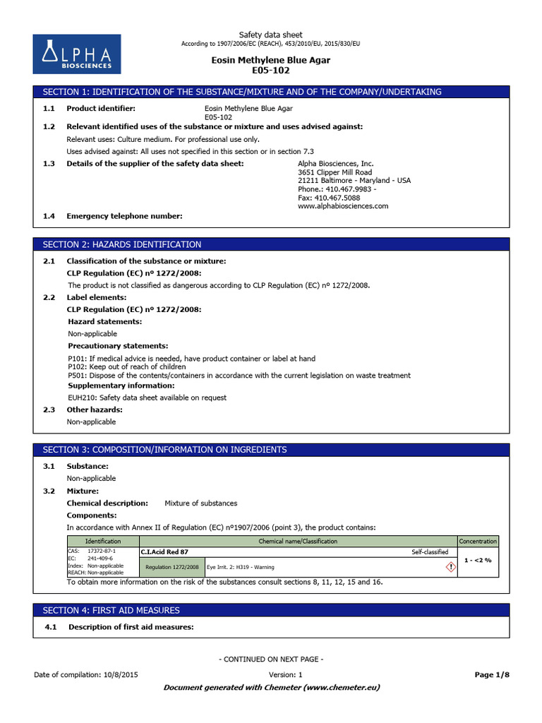 MSDS Eosin Methylene Blue Agar | PDF | Toxicity | Dangerous Goods