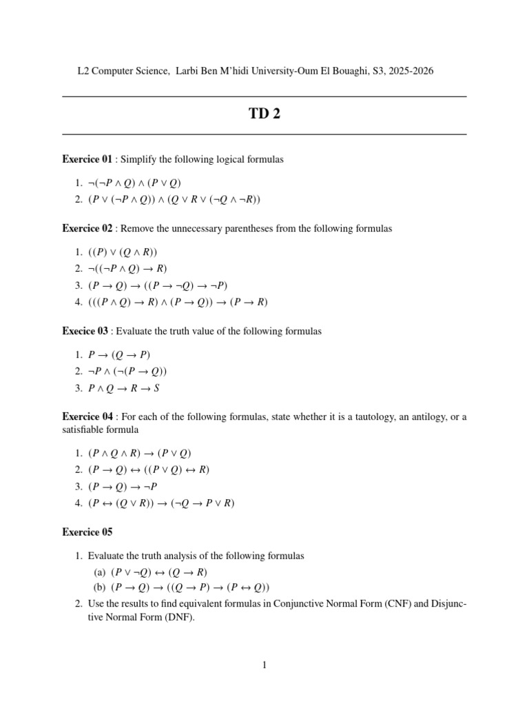 Logical Formula Exercises for CS Students | PDF
