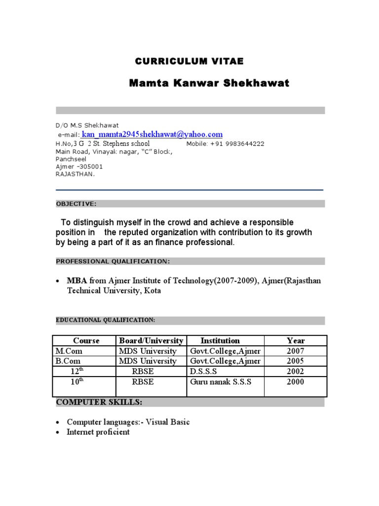 Mamta Kanwar Shekhawat CV | PDF