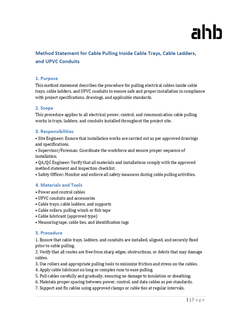 Cable Pulling Method Statement Guide | PDF