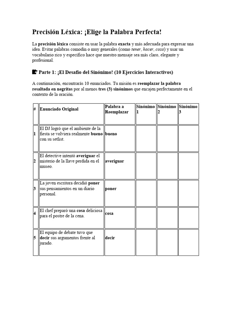 Mejora tu Precisión Léxica en 20 Ejercicios | PDF | Lingüística