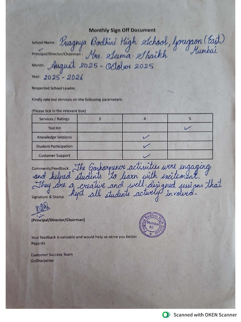 Monthly Sign Off (Aug-Oct) Pragnya Bodhini High School | PDF