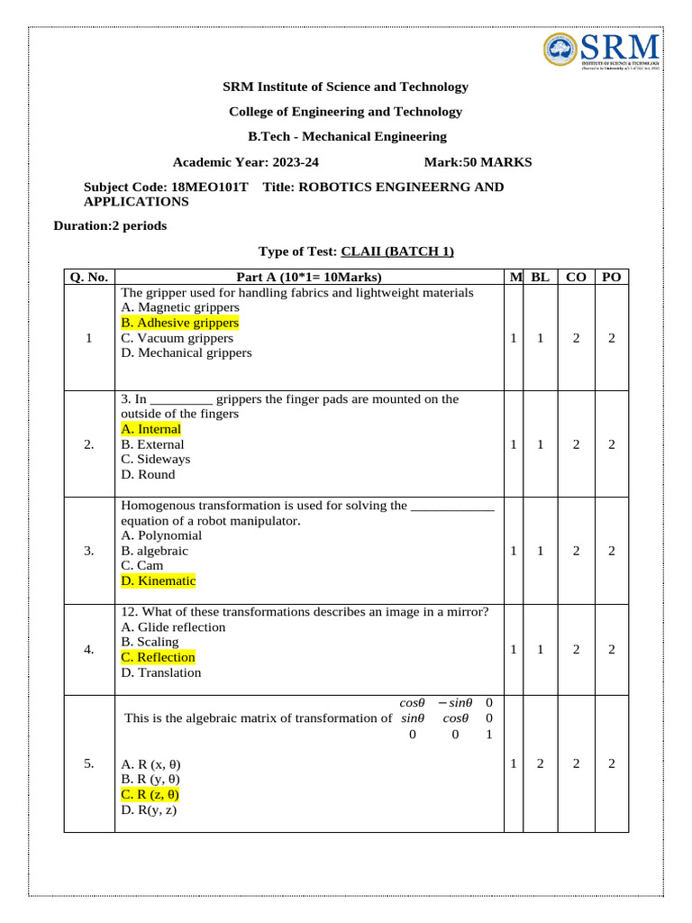 Robotics Engineering Exam Paper 2023-24 | PDF | Sensor | Image Segmentation