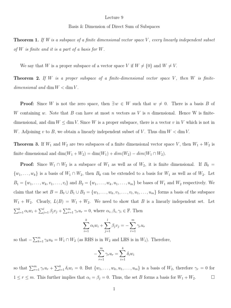 Basis and Dimension of Direct Sums | PDF | Linear Subspace | Vector Space
