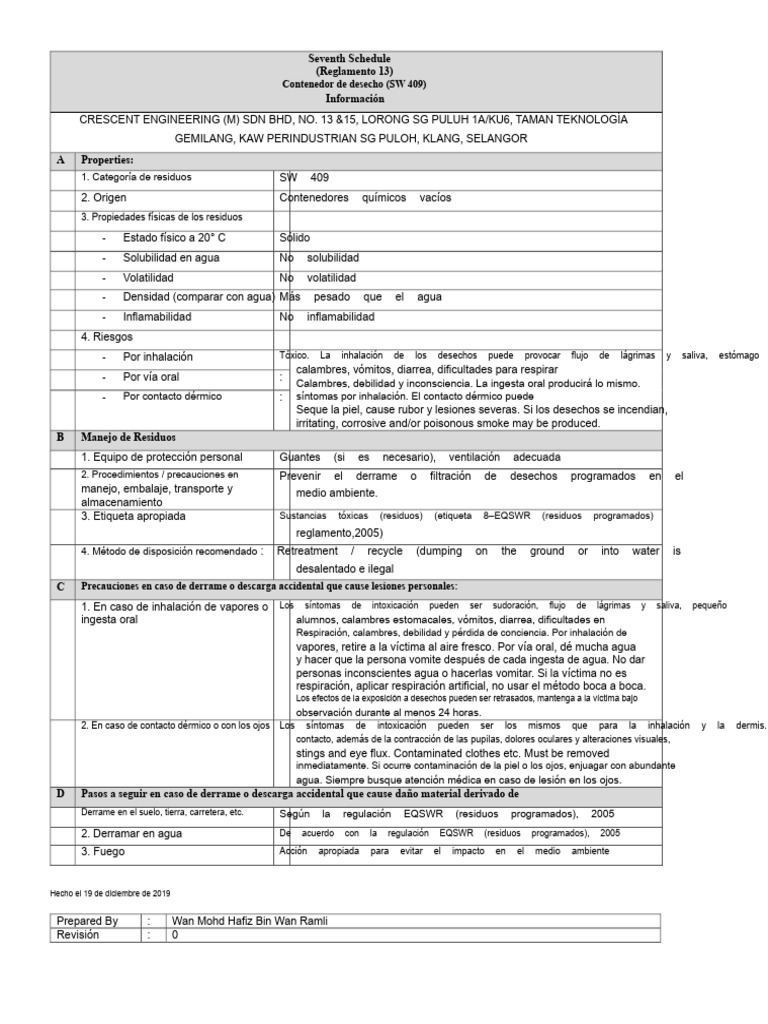 SÉPTIMO ANEXO Tarjeta de Desechos SW 409 | PDF | Residuos | Agua