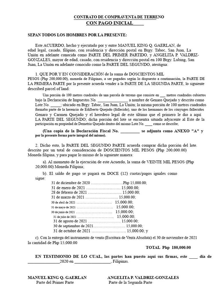 Acuerdo de Venta de Terreno Con Pago Inicial Manuel King y Angelita P