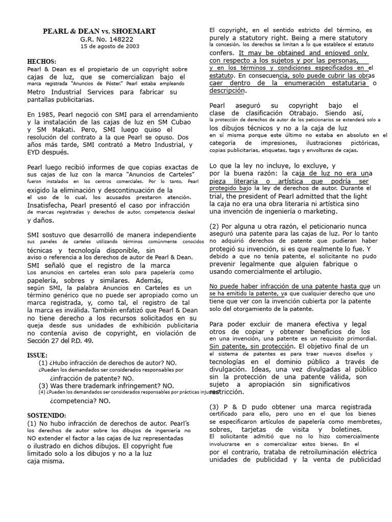 Pearl & Dean vs. Shoemart | PDF | Patentar | Derechos de autor