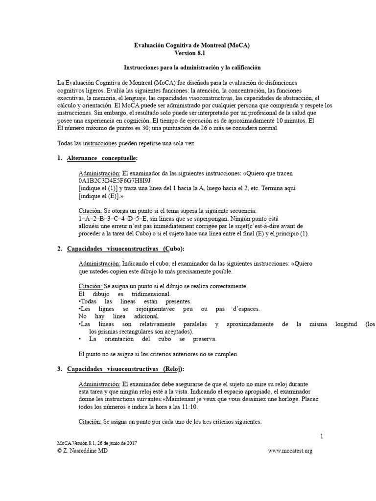 Instrucciones para MoCA 8.1 | PDF | Cognición