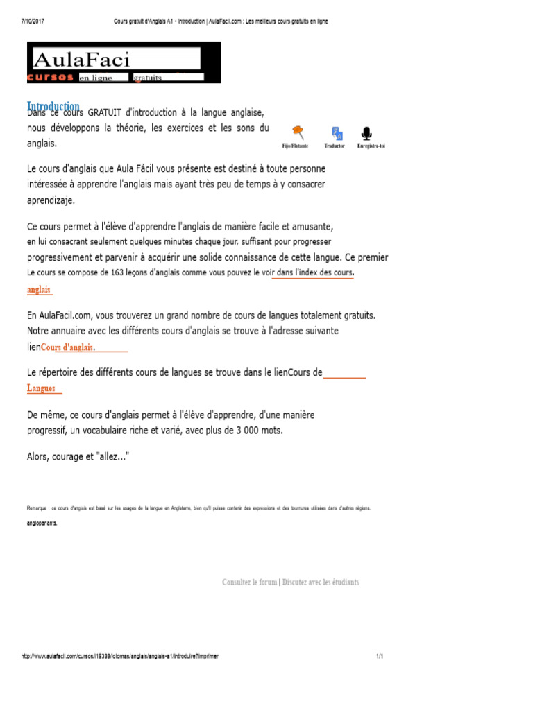Cours Gratuit D'anglais A1 - Introduction - AulaFacil | PDF