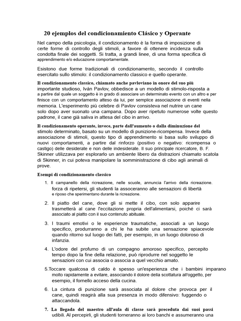20 Esempi Di Condizionamento Classico e Operante | PDF