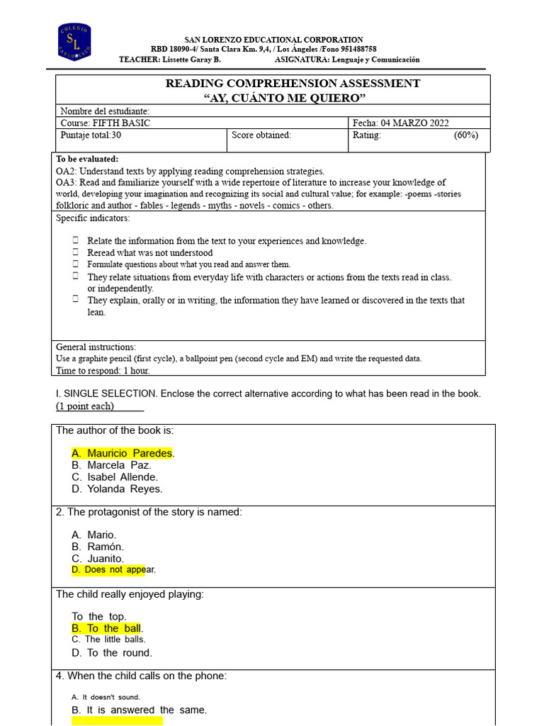 Fifth Basic Reading Comprehension Test | PDF | Reading Comprehension ...