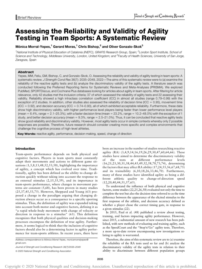 Agility Testing Reliability in Team Sports | PDF | Systematic Review ...