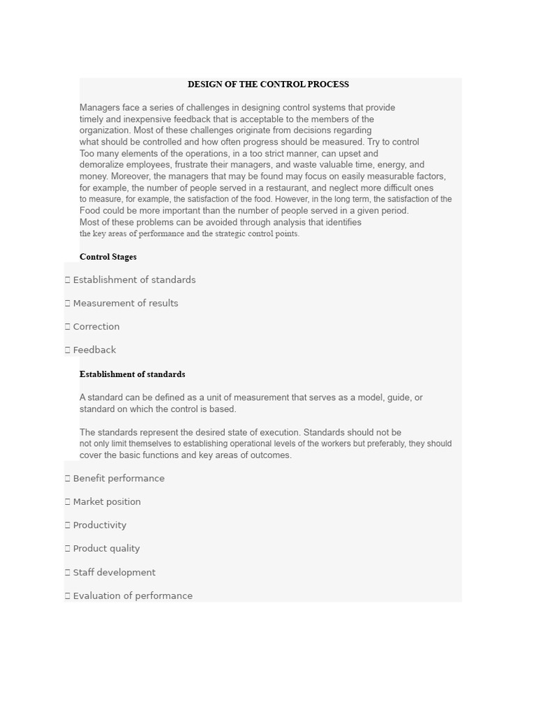 Control Process Design for Managers | PDF | Evaluation | Quantitative ...
