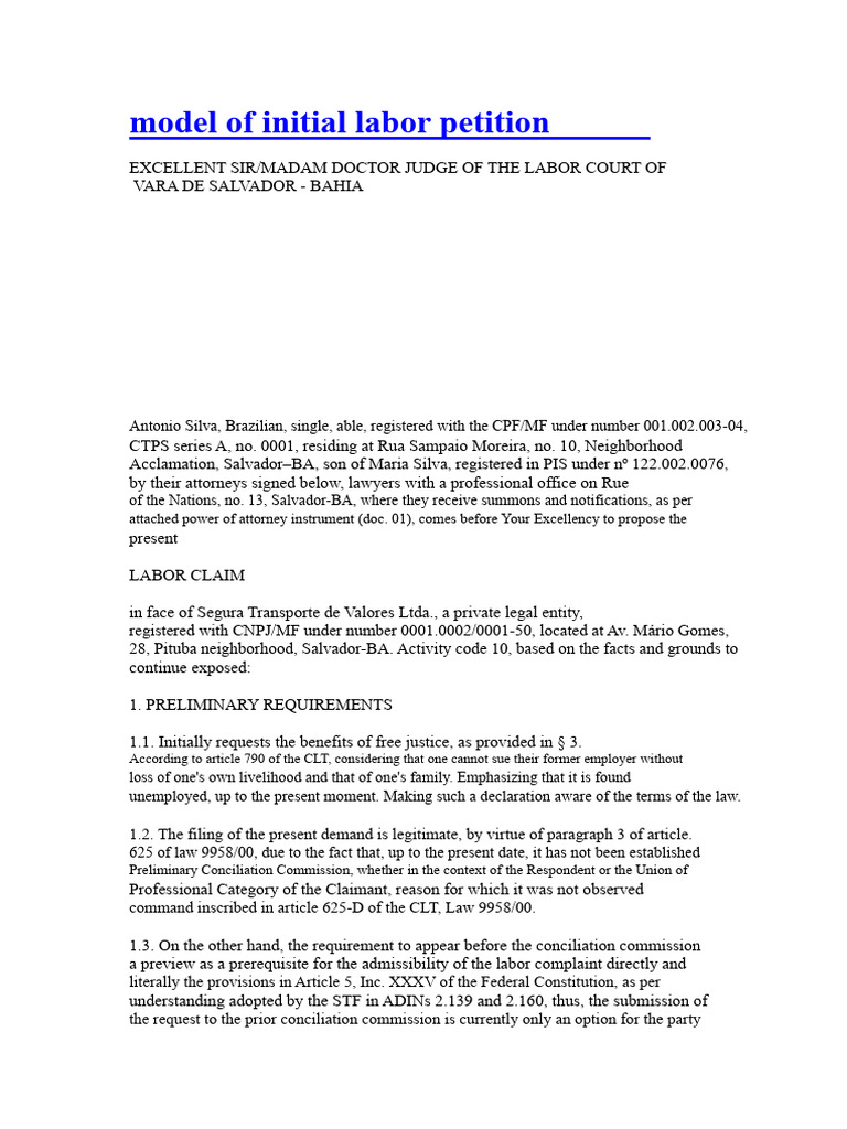 Labor Petition Model for Dismissal Case | PDF | Overtime | Salary