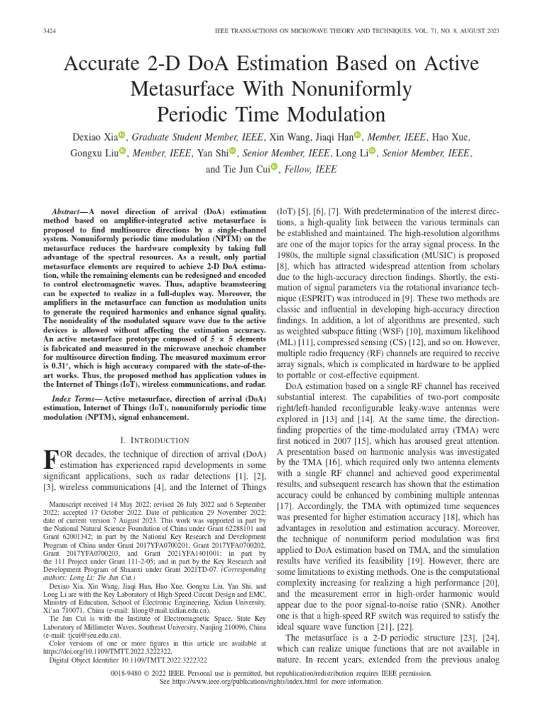 2-D DoA Estimation Using Active Metasurface | PDF | Antenna (Radio) | Radar
