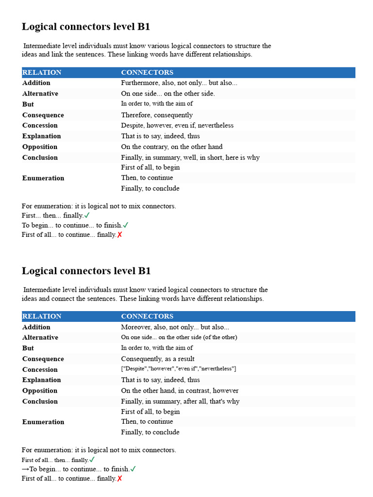 Logical Connectors Level B1 | PDF
