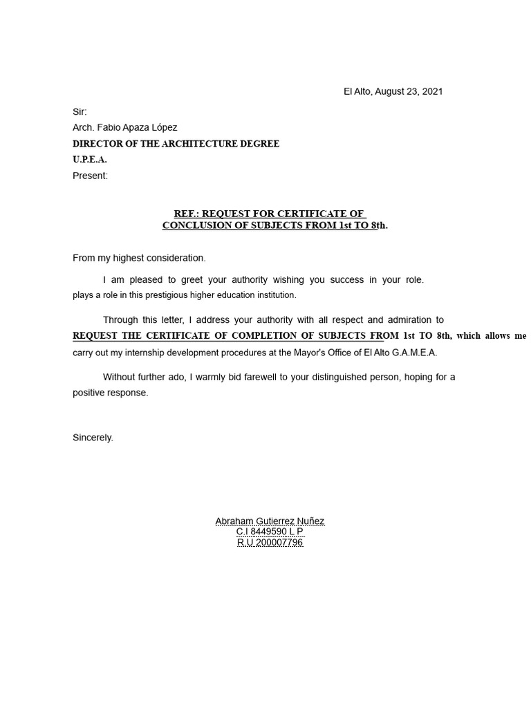 Request for Subject Completion Certificate | PDF