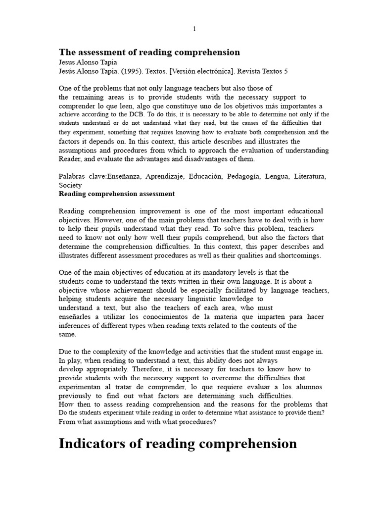 Alonso Tapia The Assessment of Reading Comprehension | PDF | Reading ...